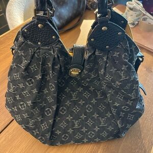 Black Denim Designer Monogram Shoulder Bag.